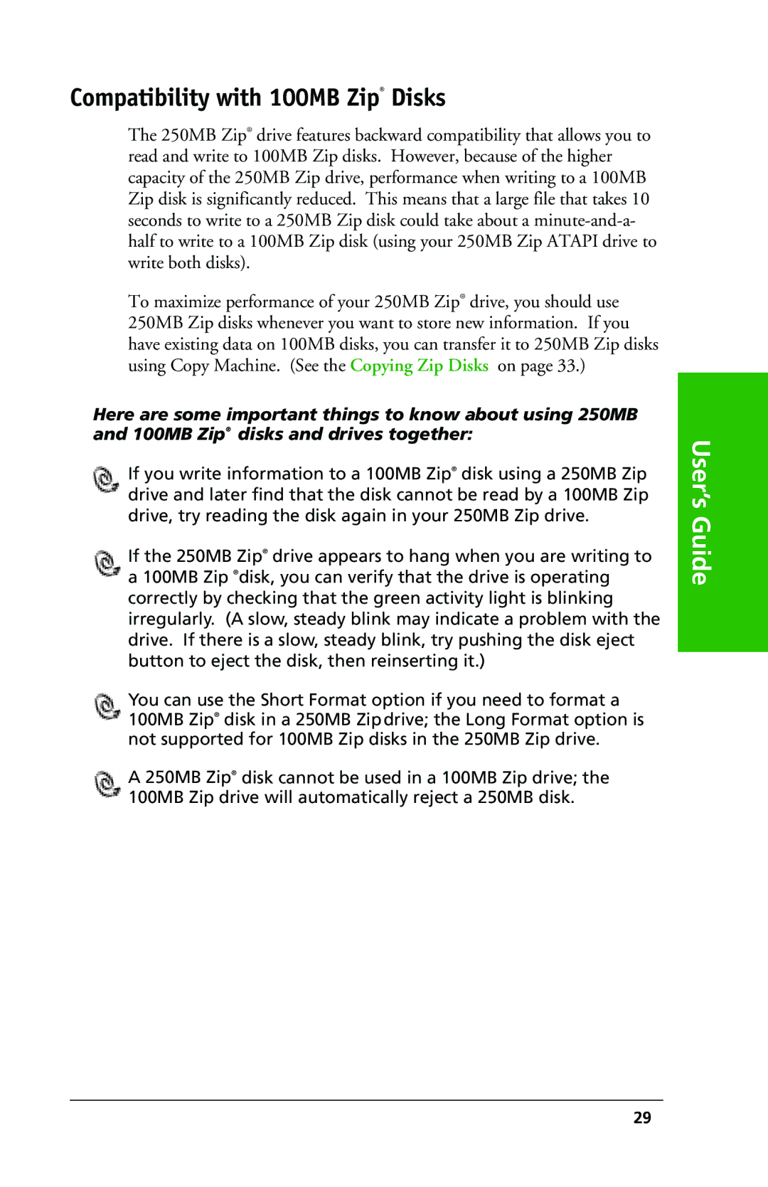 Iomega 03798300 owner manual Compatibility with 100MB Zip Disks 