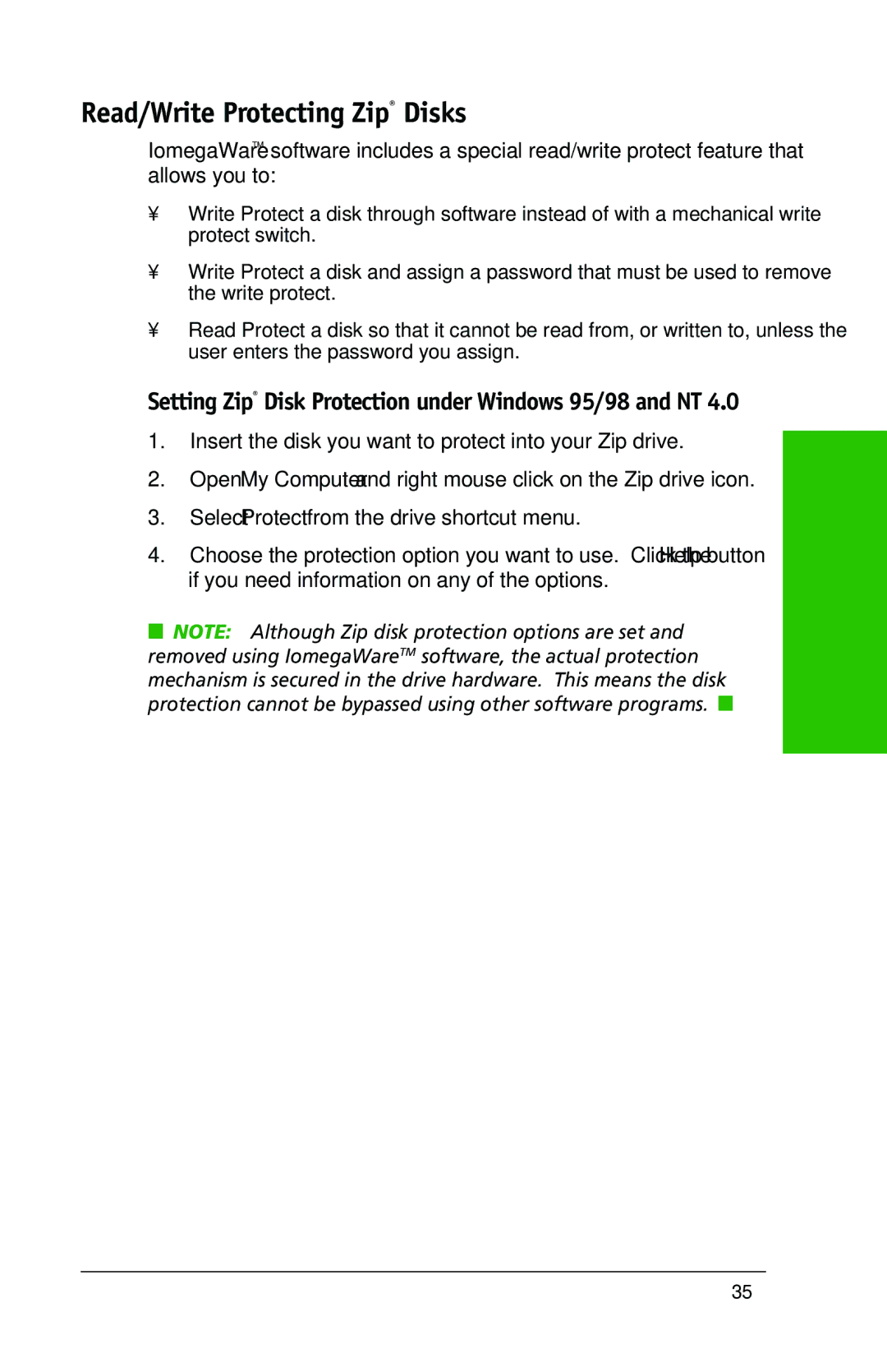 Iomega 03798300 owner manual Read/Write Protecting Zip Disks, Setting Zip Disk Protection under Windows 95/98 and NT 