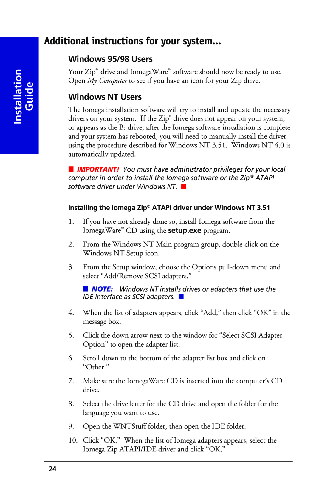 Iomega 03798300 Additional instructions for your system, Windows 95/98 Users, Windows NT Users, Installation Guide 