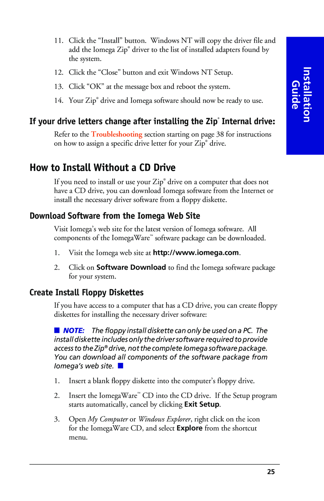 Iomega 03798300 How to Install Without a CD Drive, Download Software from the Iomega Web Site, Installation Guide 