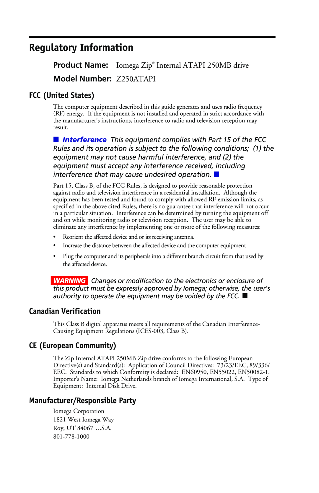 Iomega 03798300 owner manual Regulatory Information, Model Number Z250ATAPI FCC United States, Canadian Verification 