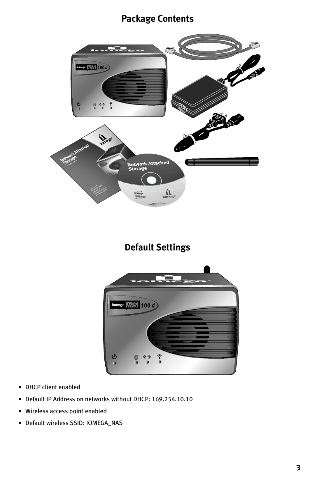 Iomega 100D quick start Package Contents, Default Settings 