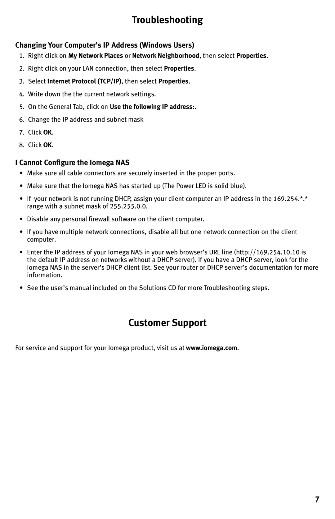 Iomega 100D quick start Troubleshooting, Customer Support, Right click on your LAN connection, then select Properties 