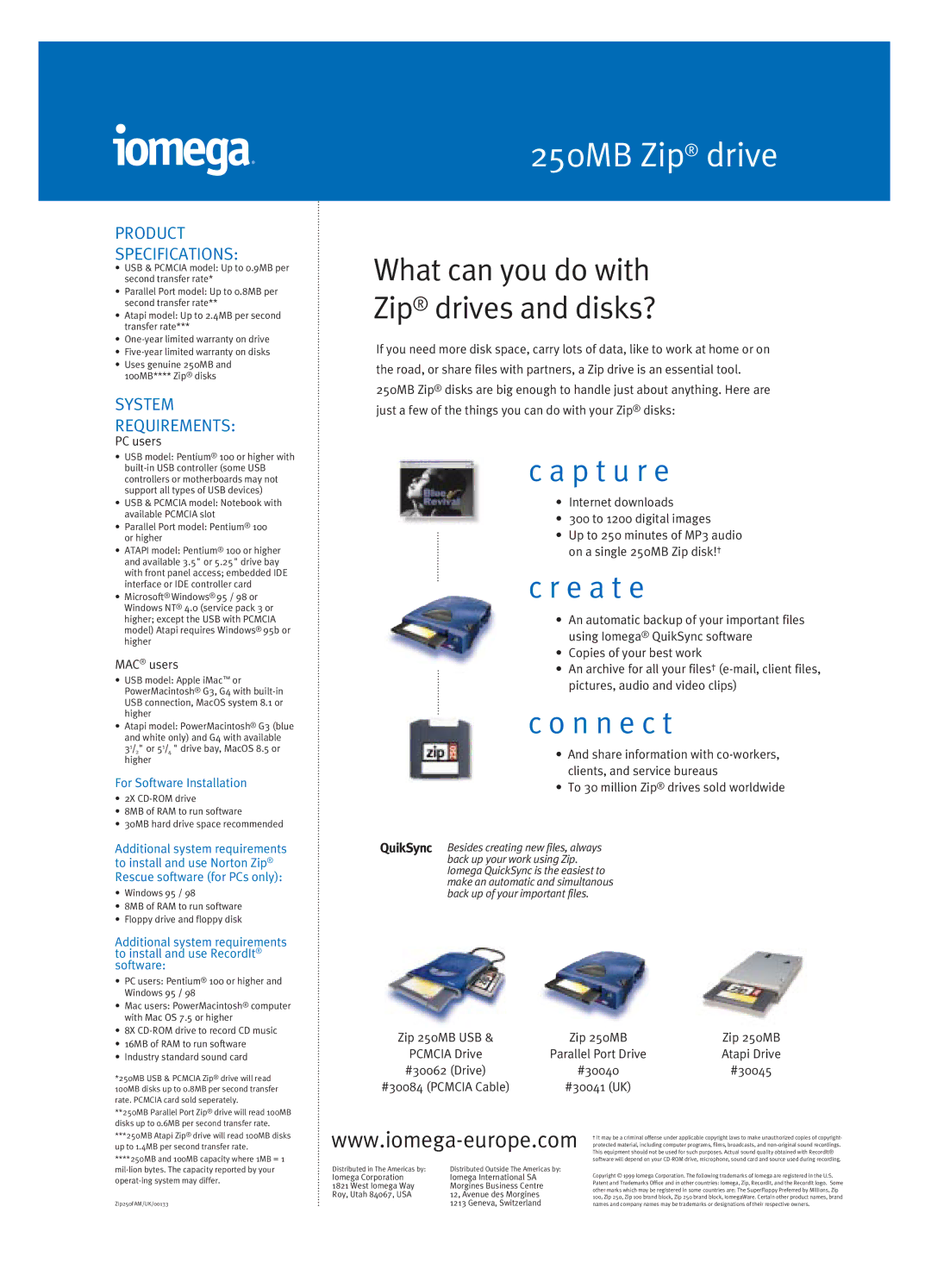 Iomega 250MB Zip manual What can you do with Zip¨ drives and disks?, P t u r e, E a t e, N n e c t 