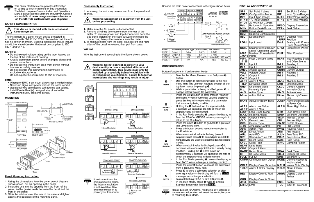 Iomega CNIS32 Safety Consideration, Emc, Mounting, Wiring, Configuration, Display Abbreviations SP1, SP2, Cnfg, Reso, Gros 