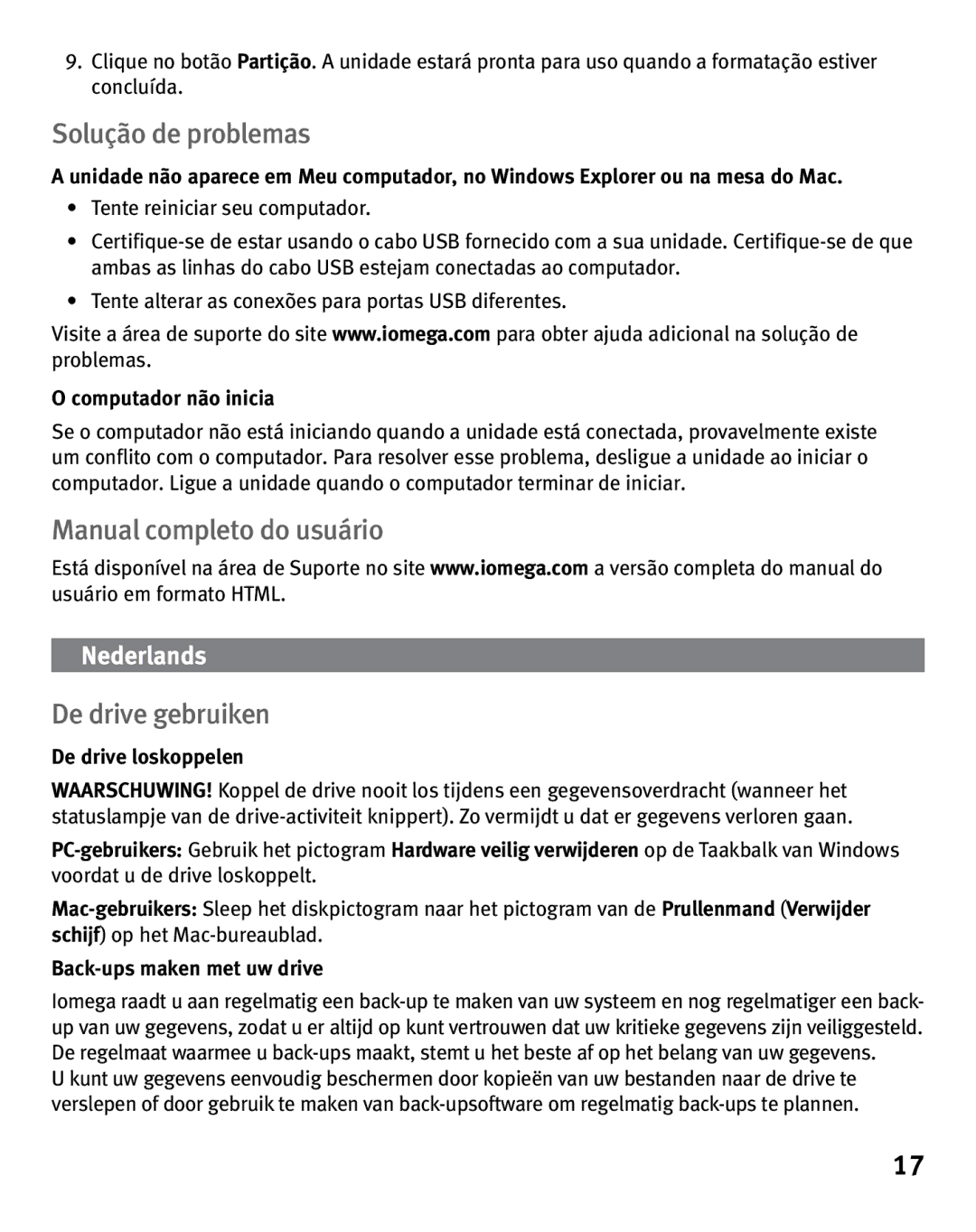 Iomega eGo 3 quick start Solução de problemas, Manual completo do usuário De drive gebruiken, Computador não inicia 