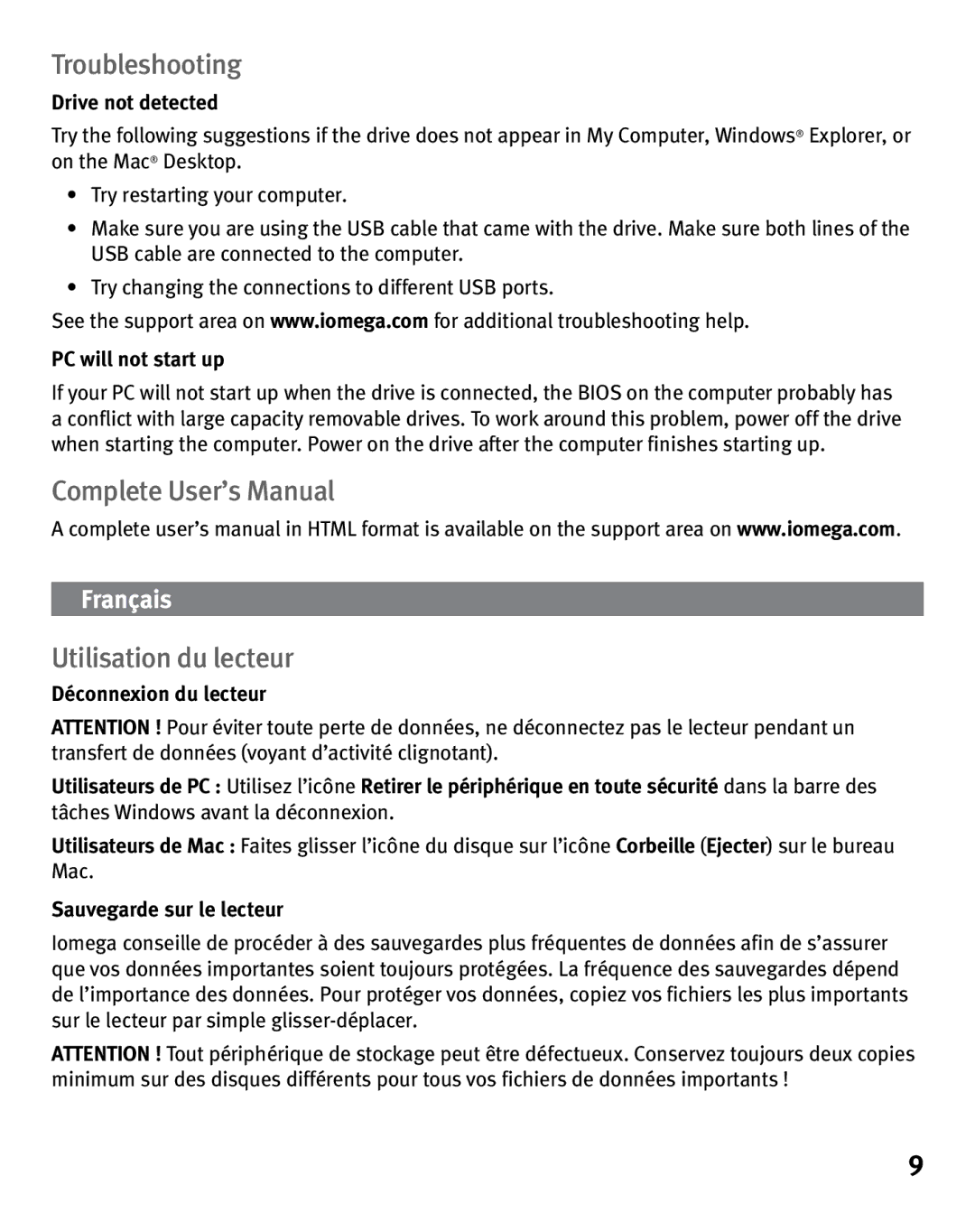 Iomega eGo 3 Troubleshooting, Complete User’s Manual Utilisation du lecteur, Drive not detected, PC will not start up 