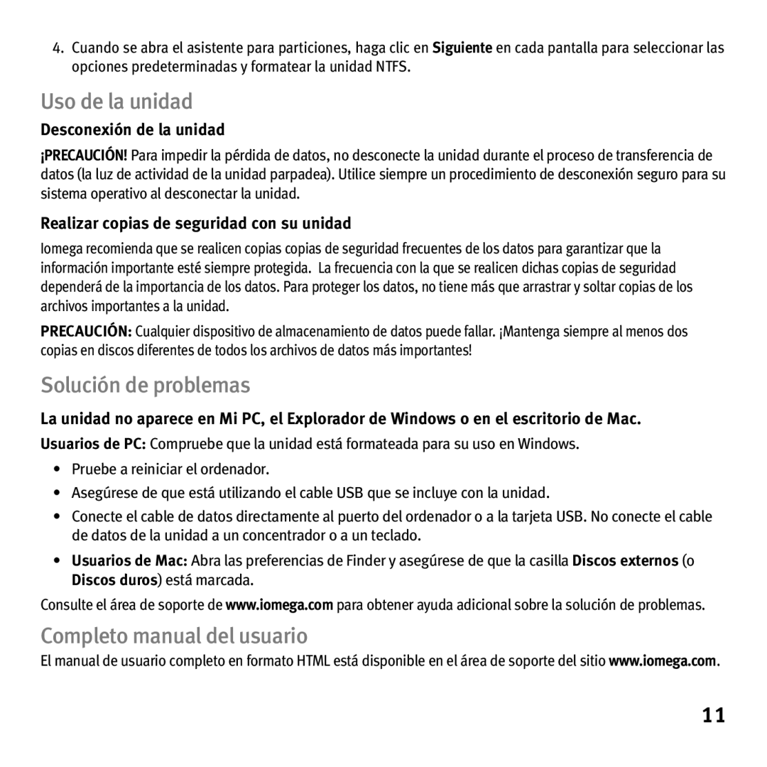 Iomega eGo Helium Uso de la unidad, Solución de problemas, Completo manual del usuario, Desconexión de la unidad 