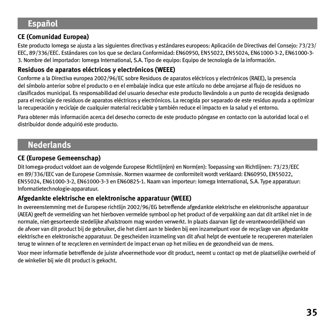 Iomega eGo Helium CE Comunidad Europea, Residuos de aparatos eléctricos y electrónicos Weee, CE Europese Gemeenschap 