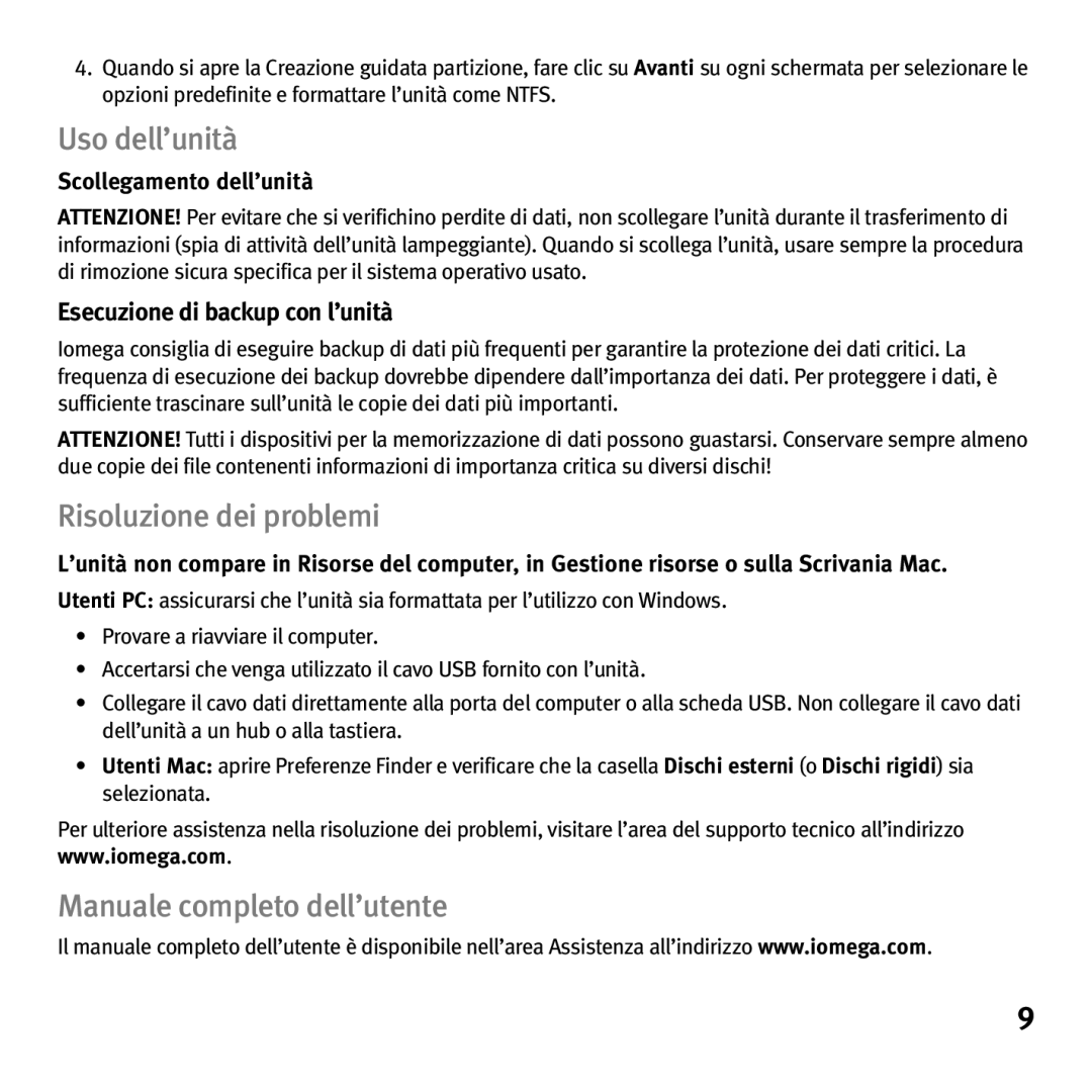 Iomega eGo Helium Uso dell’unità, Risoluzione dei problemi, Manuale completo dell’utente, Scollegamento dell’unità 