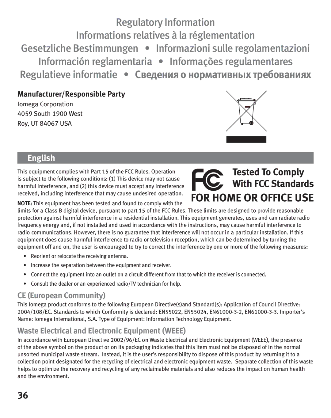 Iomega eGo Portable Manufacturer/Responsible Party, CE European Community, Waste Electrical and Electronic Equipment Weee 