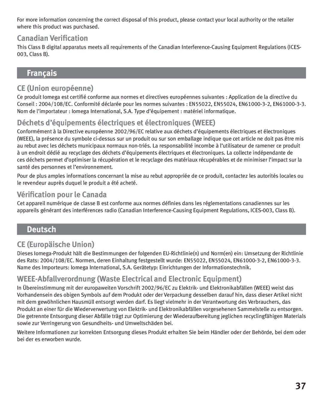 Iomega eGo Portable Canadian Veriﬁcation, CE Union européenne, Déchets d’équipements électriques et électroniques Weee 