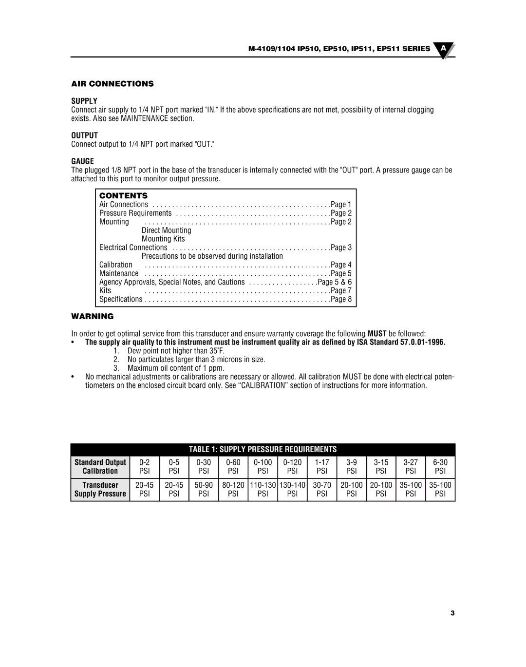 Iomega EP510 manual AIR Connections Supply, Output, Gauge, Contents, Supply Pressure Requirements 