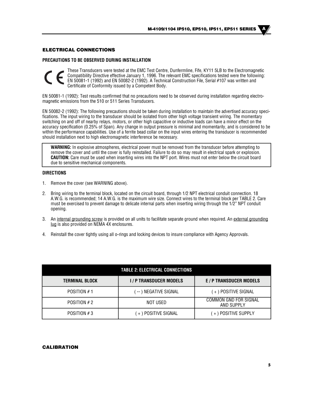 Iomega EP510 manual Directions, Electrical Connections, Terminal Block Transducer Models, Calibration 