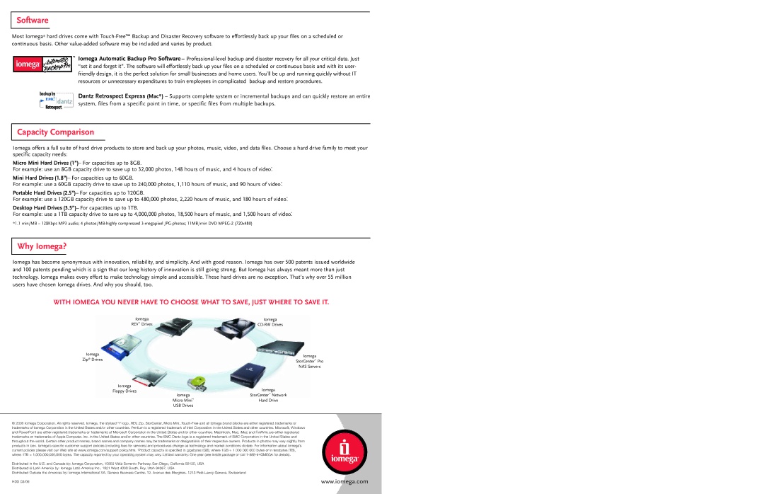 Iomega FireWire 800, FireWire 400/USB warranty Software, Capacity Comparison, Why Iomega?, Zip Drives 