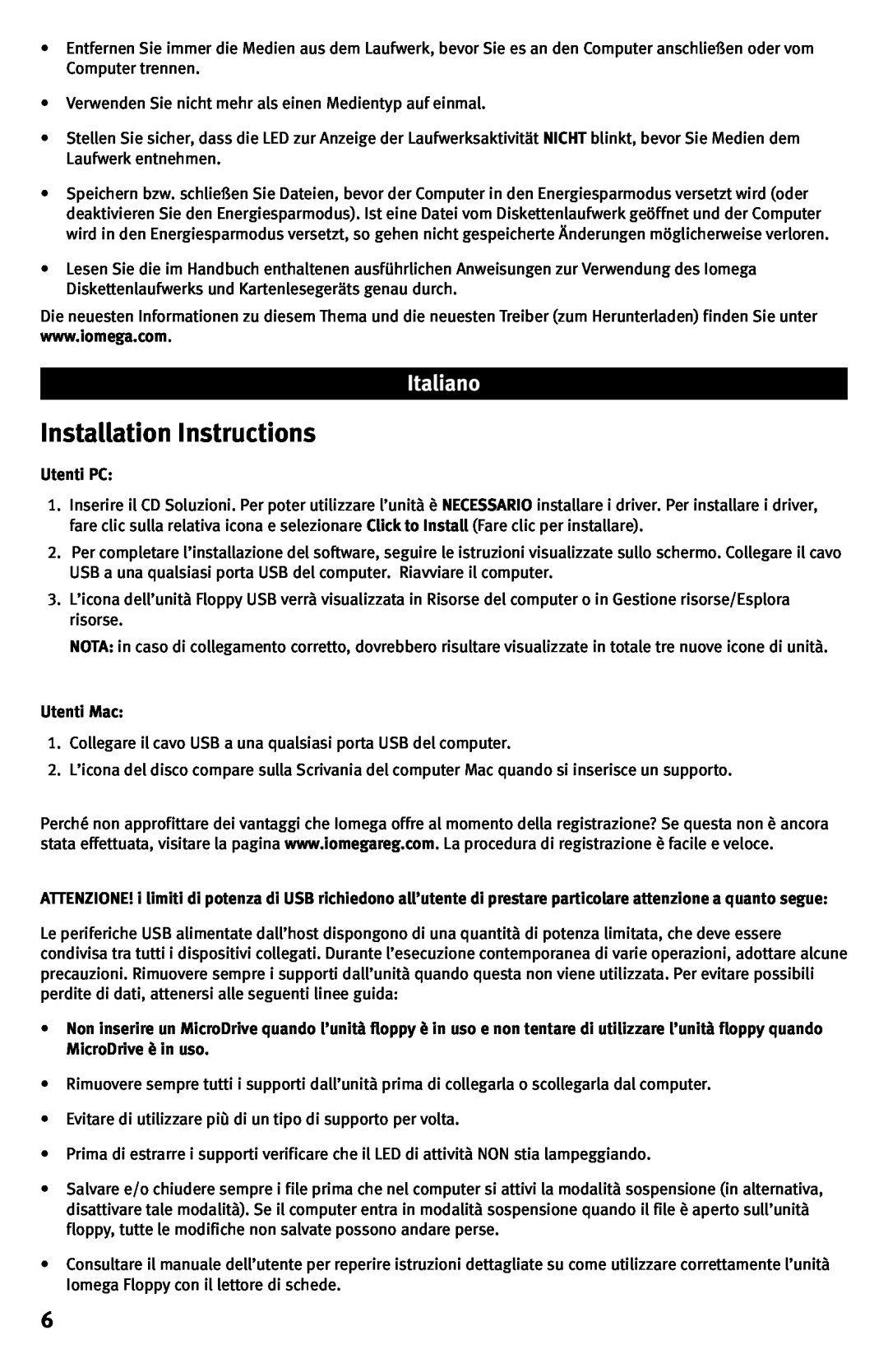 Iomega Floppy plus 7-in-1 Card Reader USB Powered Drive manual Installation Instructions, Utenti PC, Utenti Mac 