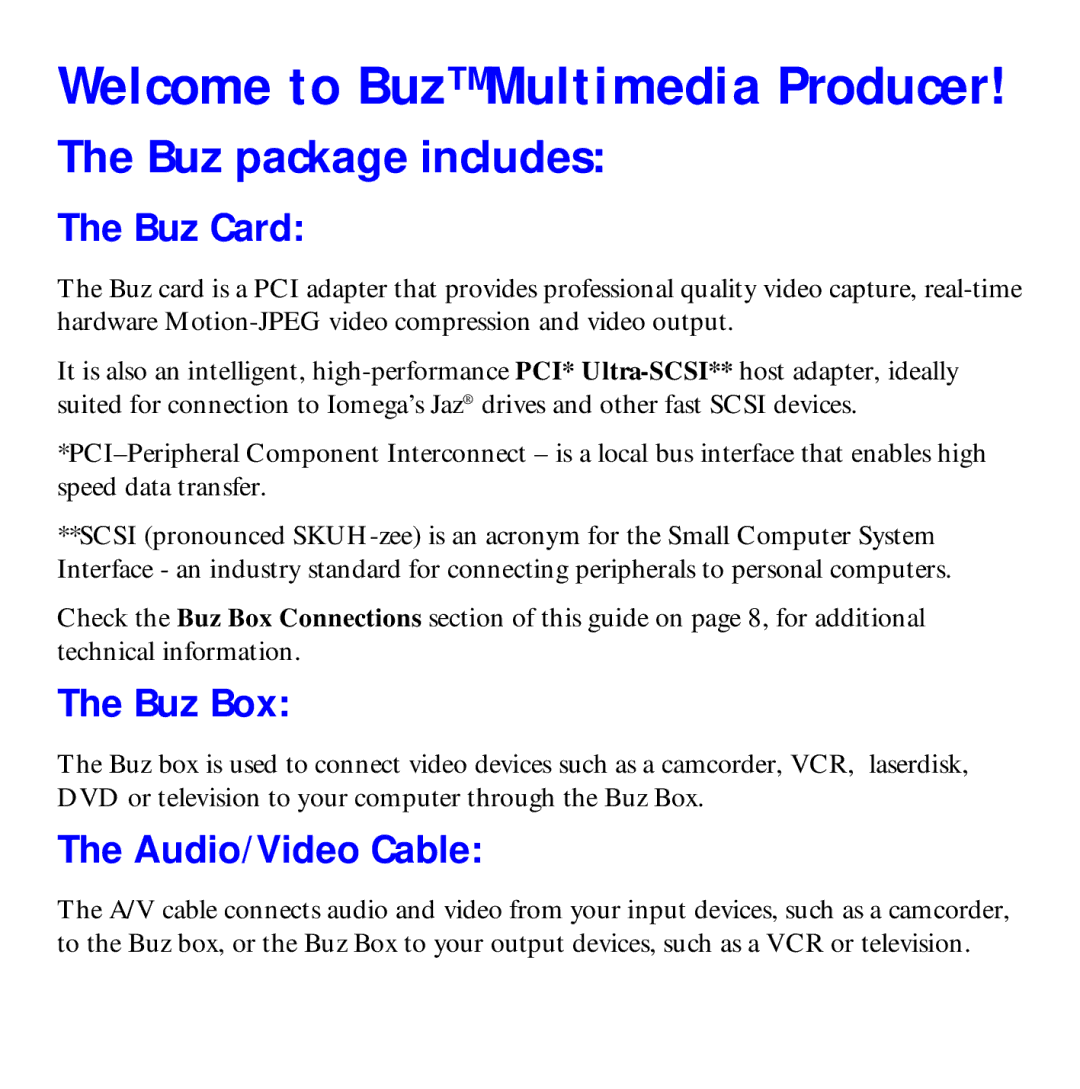 Iomega G3 manual Buz Card, Buz Box, Audio/Video Cable 