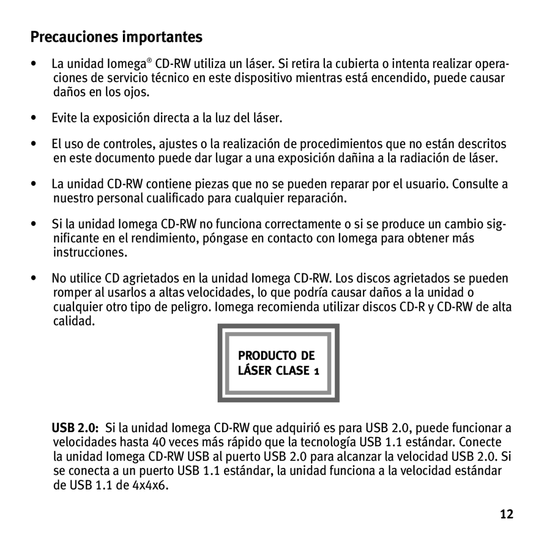 Iomega HotBurn manual Precauciones importantes 