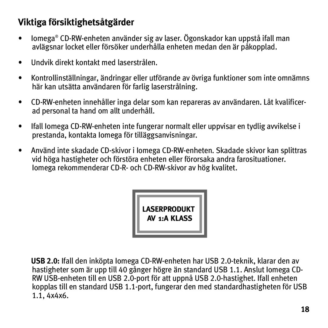 Iomega HotBurn manual Viktiga försiktighetsåtgärder 