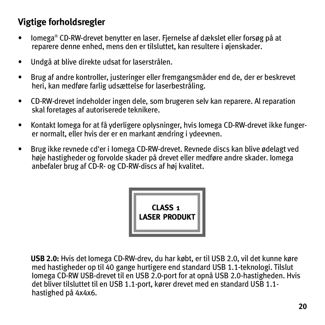 Iomega HotBurn manual Vigtige forholdsregler 