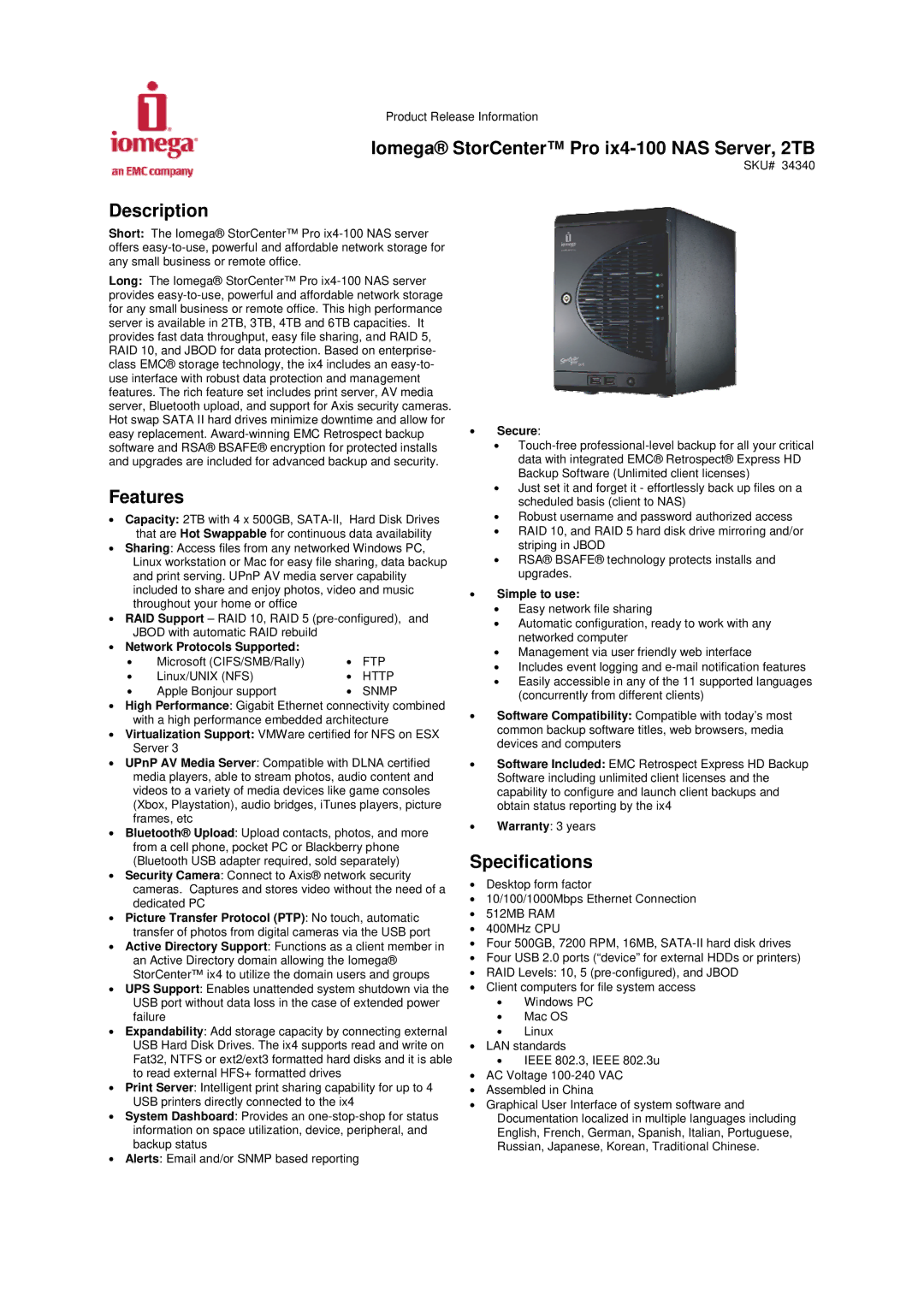 Iomega IX4-100 specifications Iomega StorCenter Pro ix4-100 NAS Server, 2TB, Description, Features, Specifications 