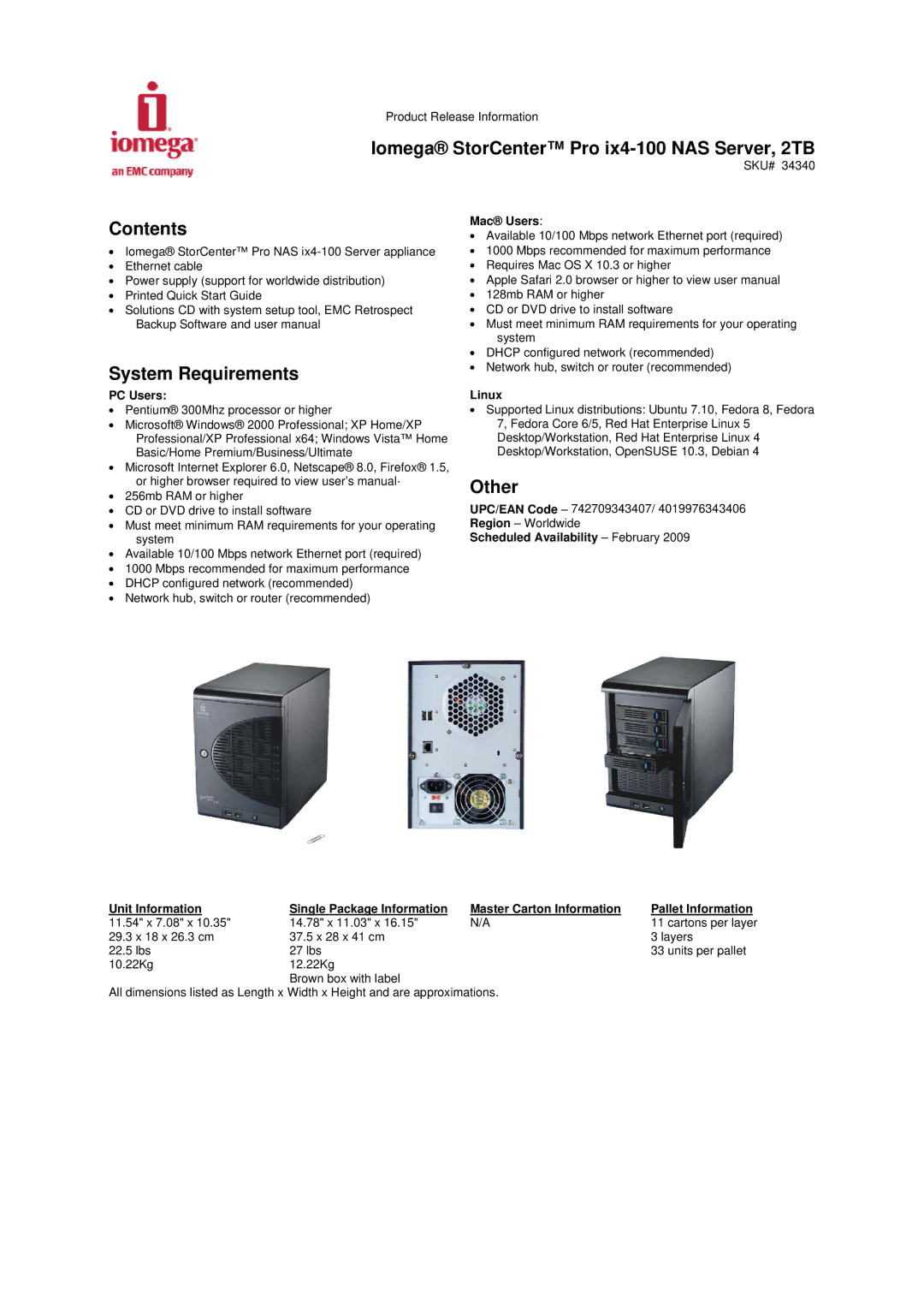 Iomega IX4-100 specifications Contents, System Requirements, Other 