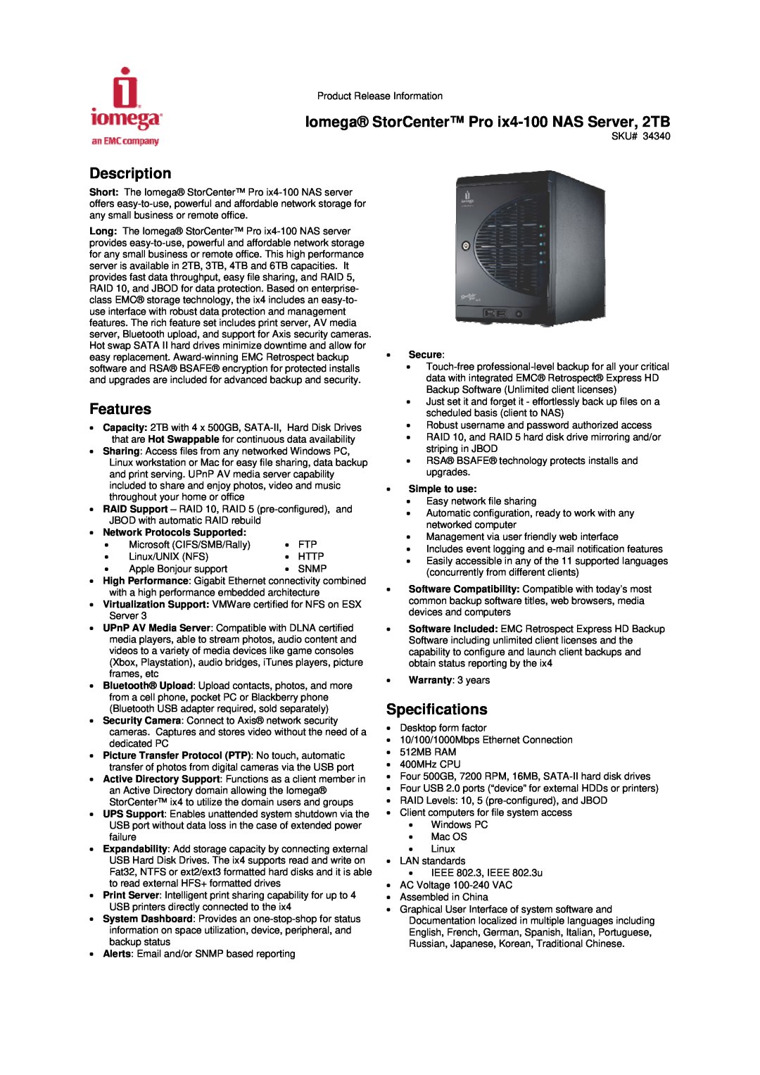 Iomega IX4-100 specifications Iomega StorCenter Pro ix4-100 NAS Server, 2TB, Description, Features, Specifications, Secure 