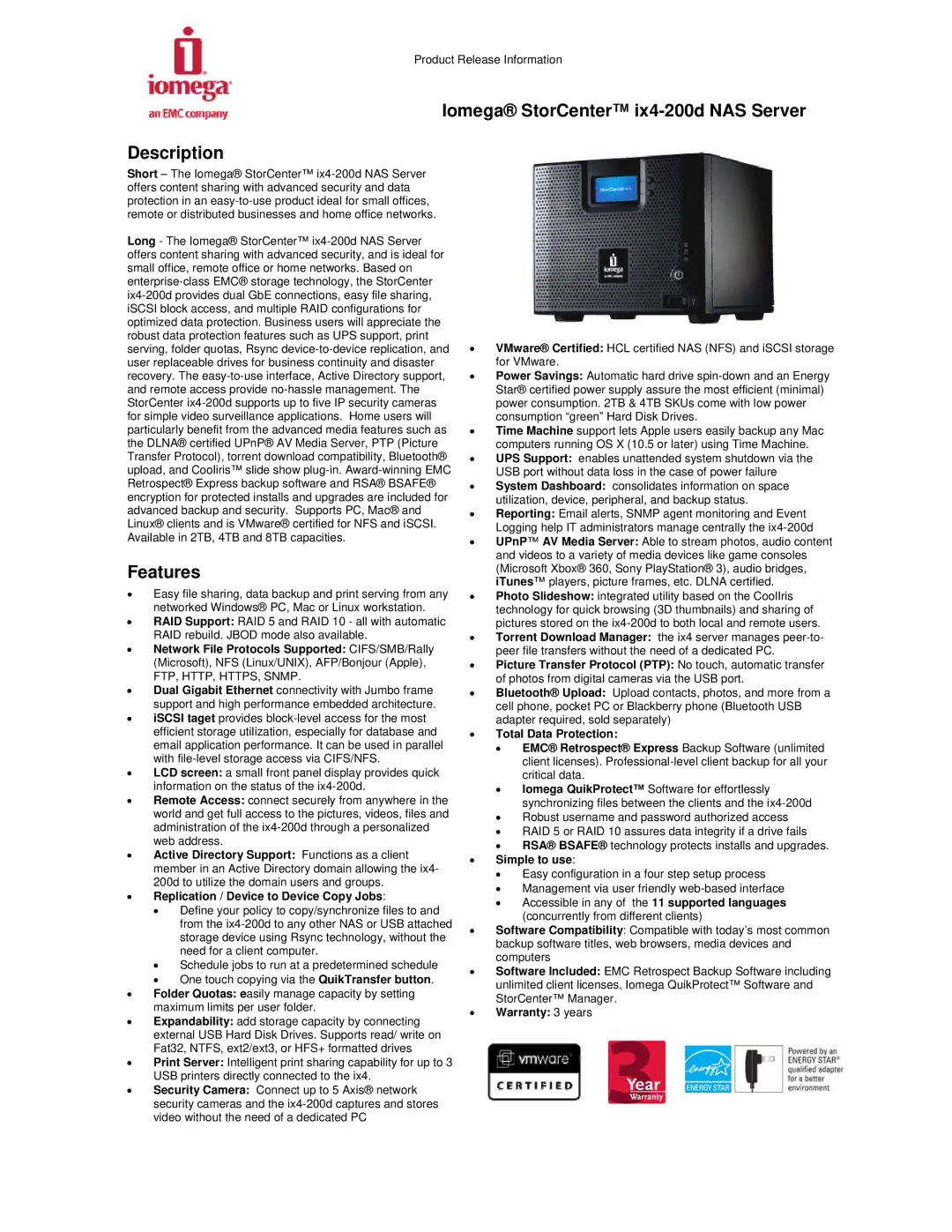 Iomega warranty Iomega StorCenter ix4-200d NAS Server Description, Features, Simple to use, Warranty 3 years 