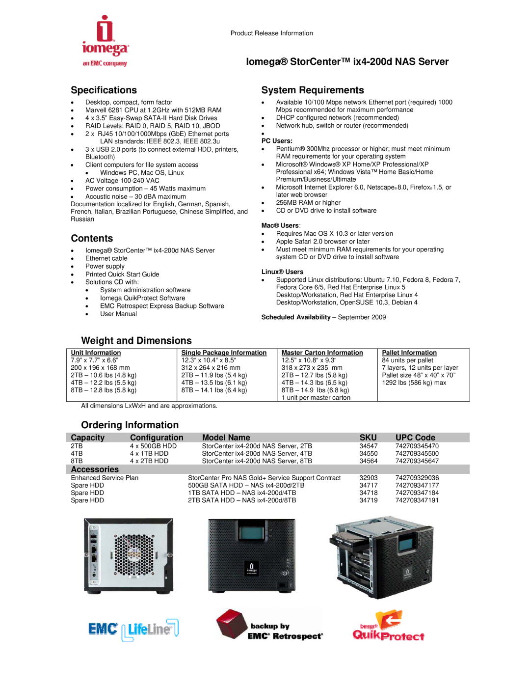 Iomega ix4-200d warranty Contents, Weight and Dimensions, Ordering Information 