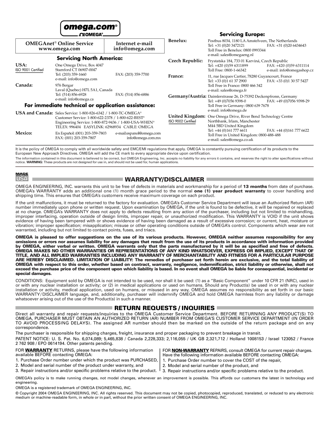 Iomega M1319, 104 Warranty/Disclaimer, Return Requests / Inquiries, Servicing North America, Servicing Europe 