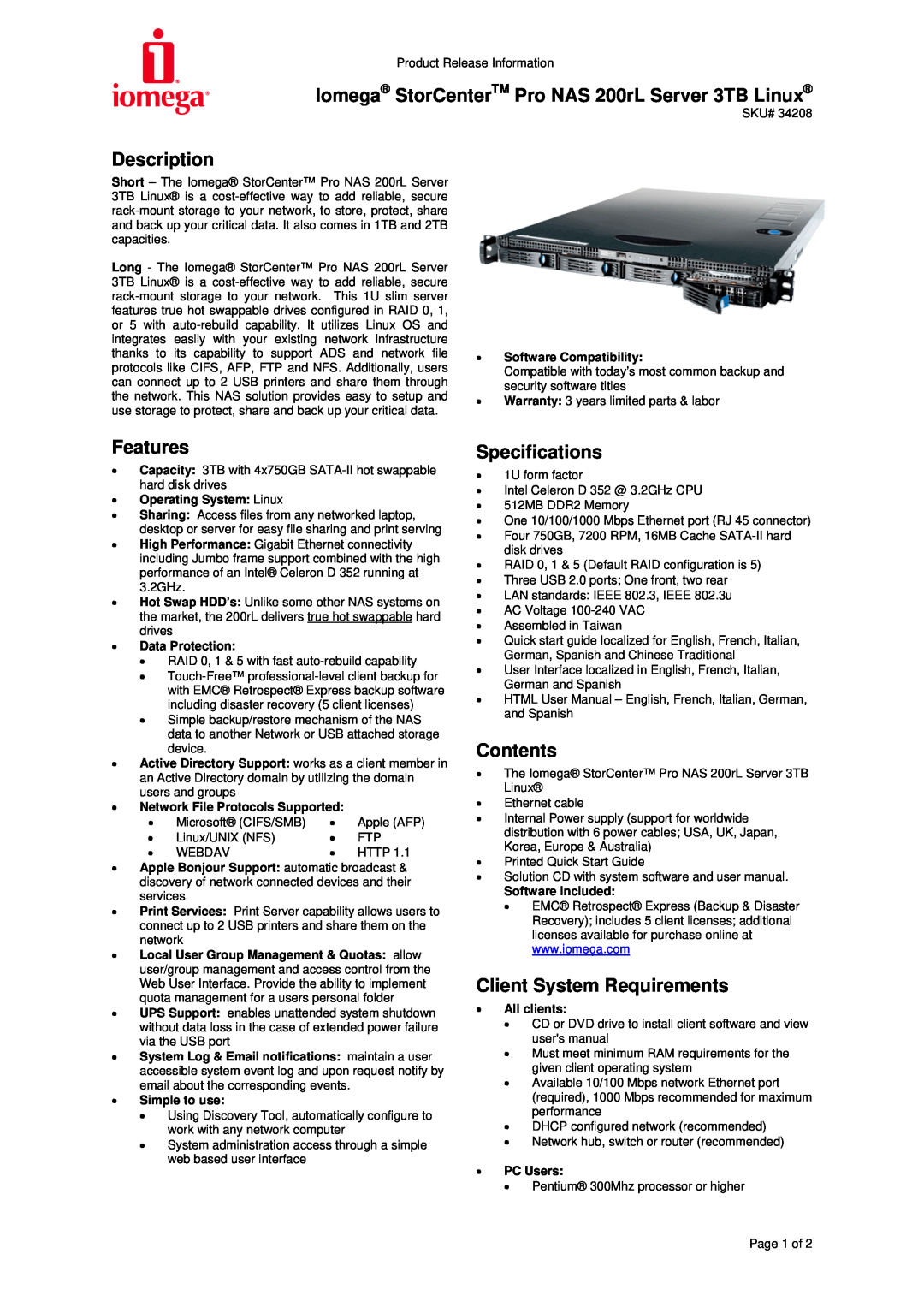 Iomega specifications Iomega StorCenterTM Pro NAS 200rL Server 3TB Linux, Description, Features, Specifications 