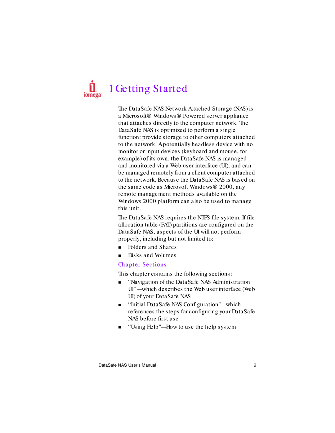 Iomega Network Device manual Getting Started, Chapter Sections 