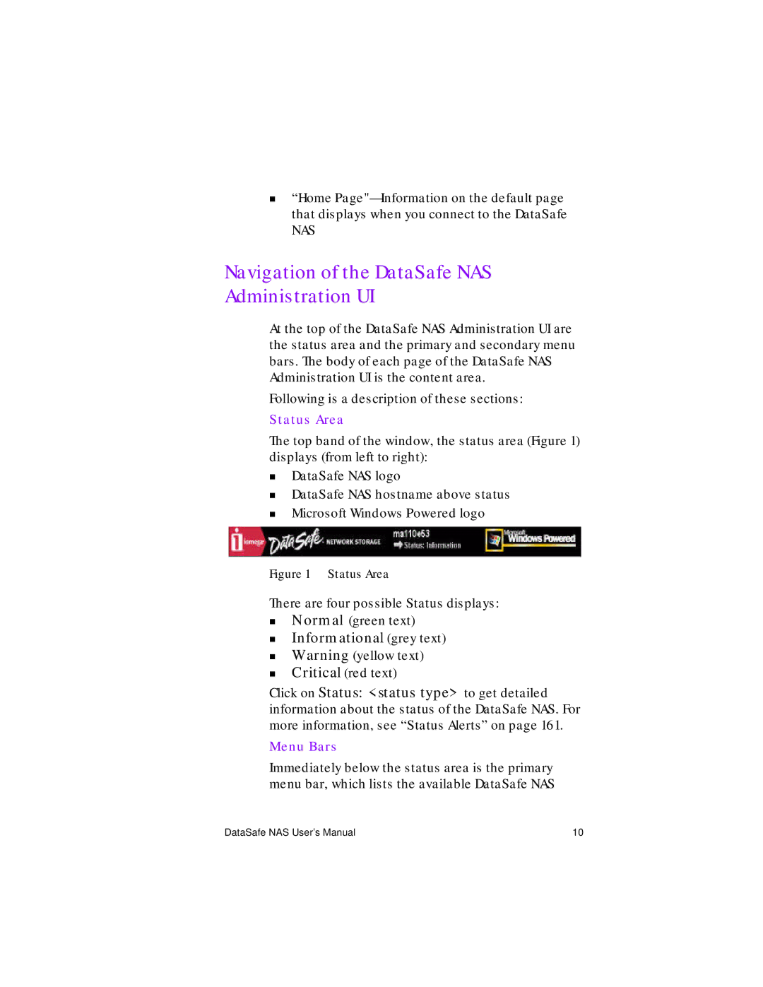 Iomega Network Device Navigation of the DataSafe NAS Administration UI, Informational grey text, Status Area, Menu Bars 