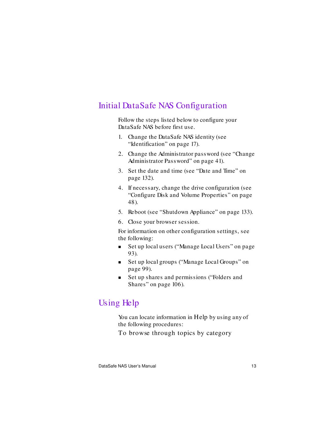 Iomega Network Device manual Initial DataSafe NAS Configuration, Using Help, To browse through topics by category 