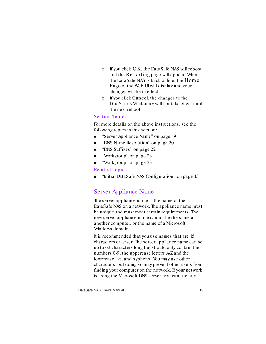 Iomega Network Device manual Server Appliance Name, Section Topics 