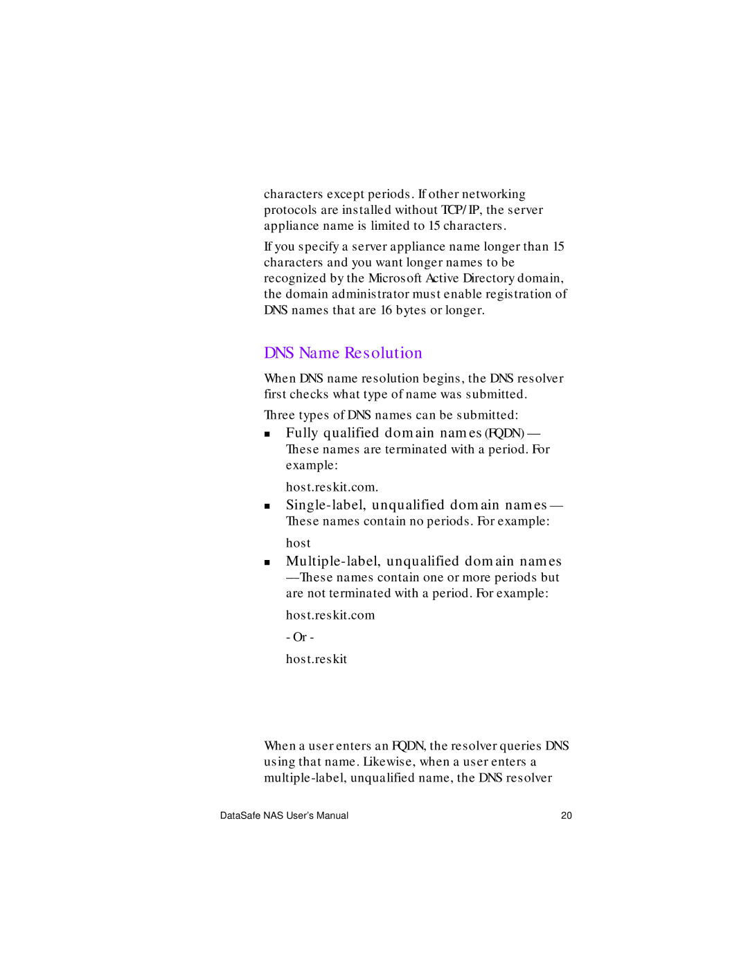 Iomega Network Device manual DNS Name Resolution, Single-label, unqualified domain names 