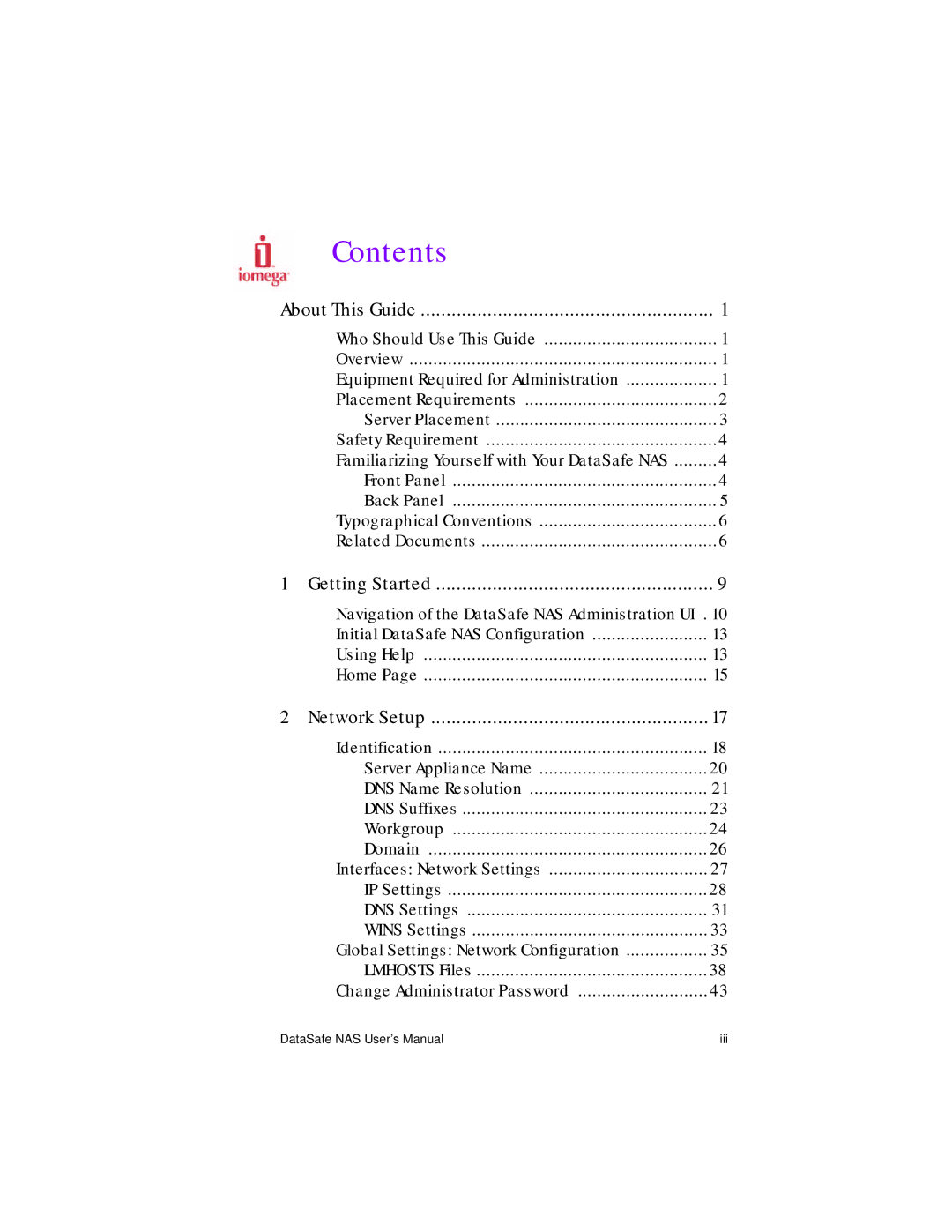 Iomega Network Device manual Contents 