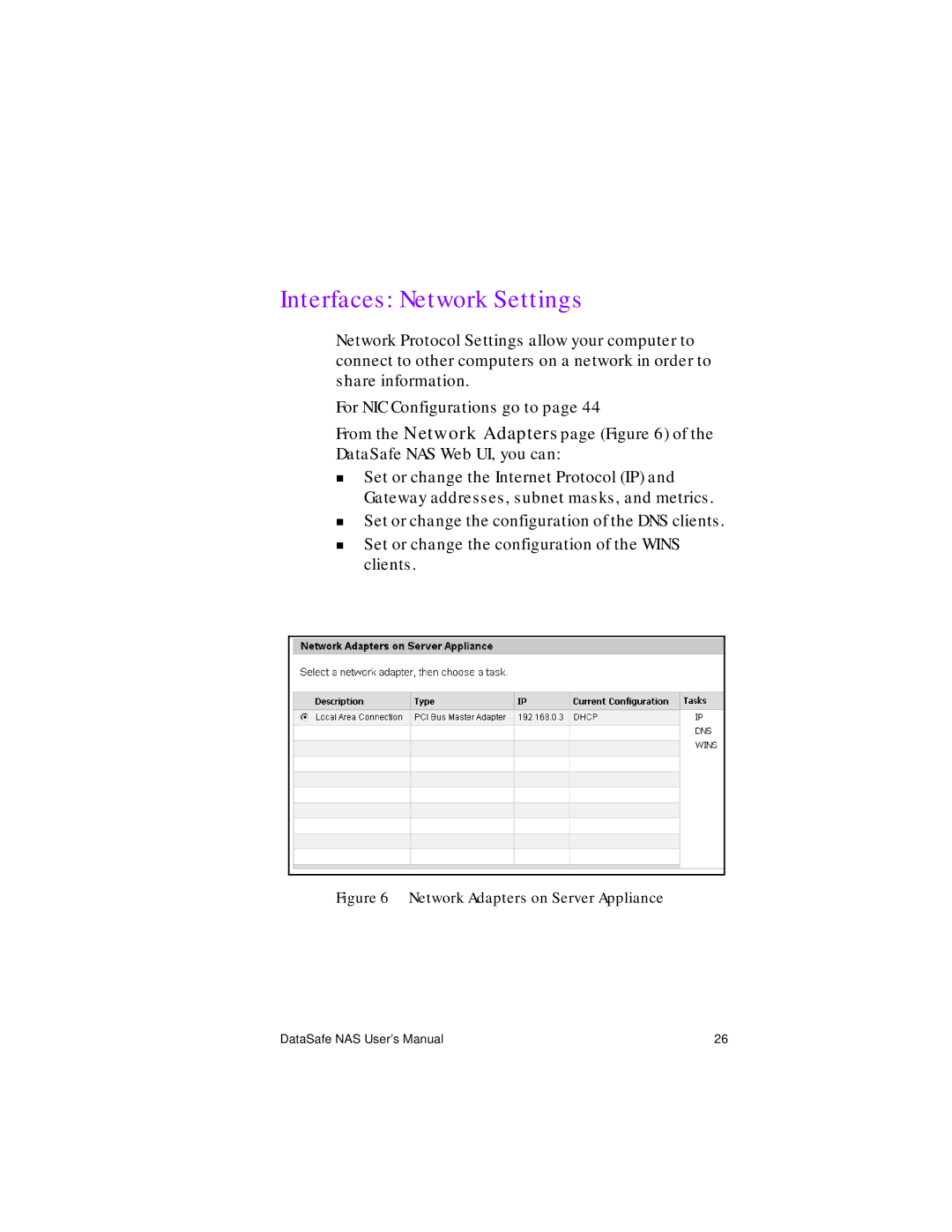 Iomega Network Device manual Interfaces Network Settings, Network Adapters on Server Appliance 