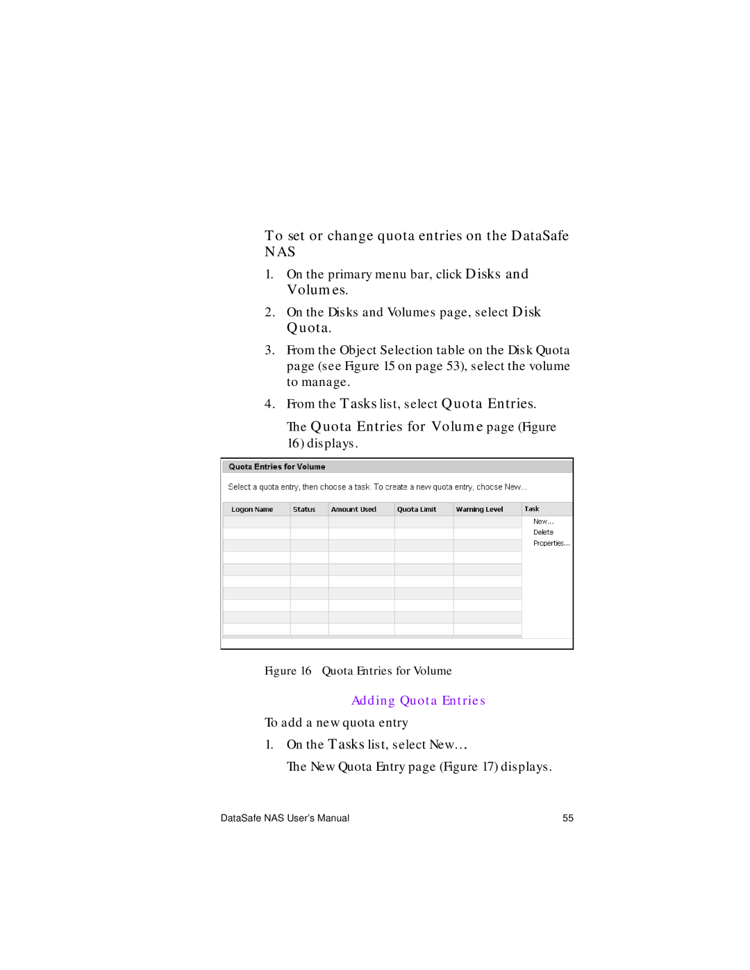 Iomega Network Device manual To set or change quota entries on the DataSafe, Adding Quota Entries 