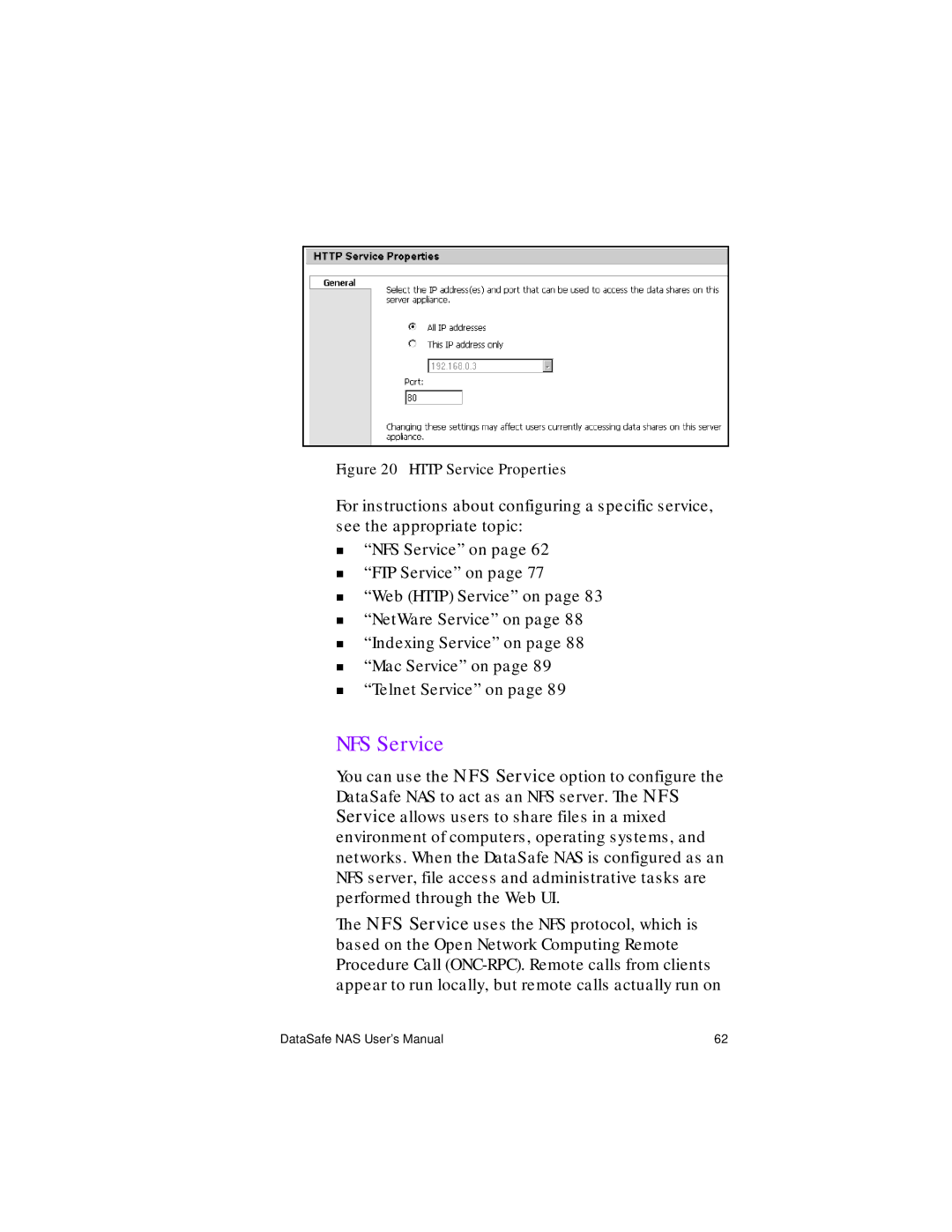 Iomega Network Device manual NFS Service, Http Service Properties 