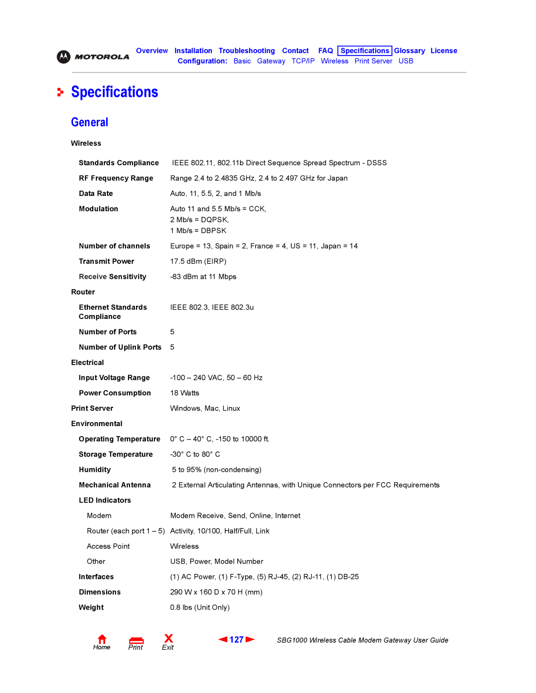 Iomega SBG1000 manual Specifications, General, 127 