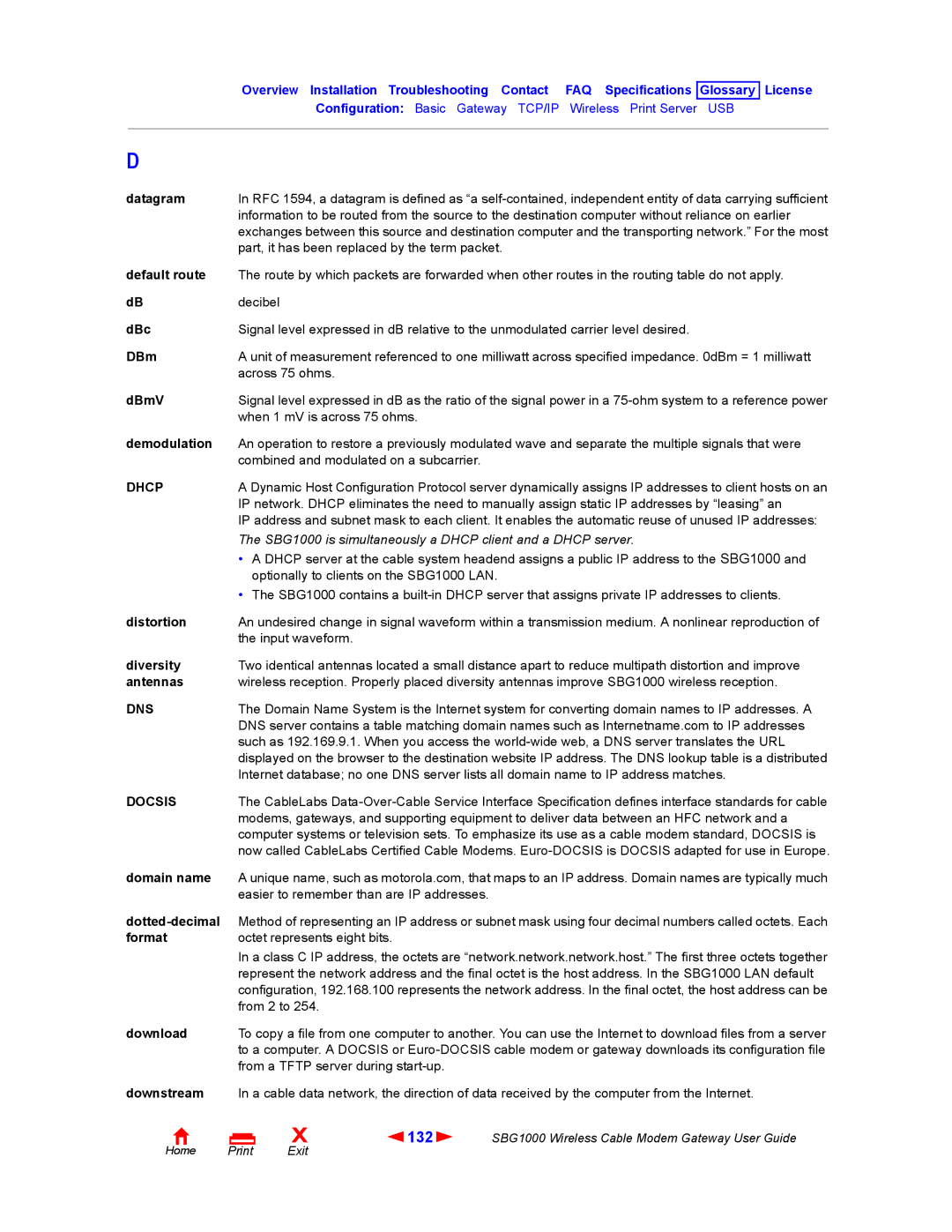 Iomega SBG1000 manual 132, Dhcp, Dns, Docsis 