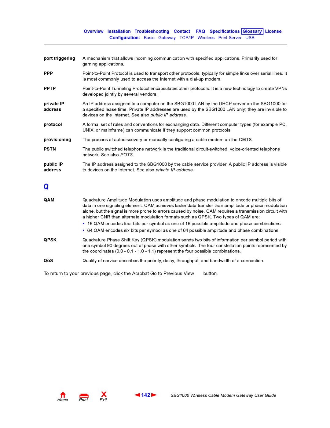 Iomega SBG1000 manual 142, Pptp, Pstn, Qam, Qpsk 