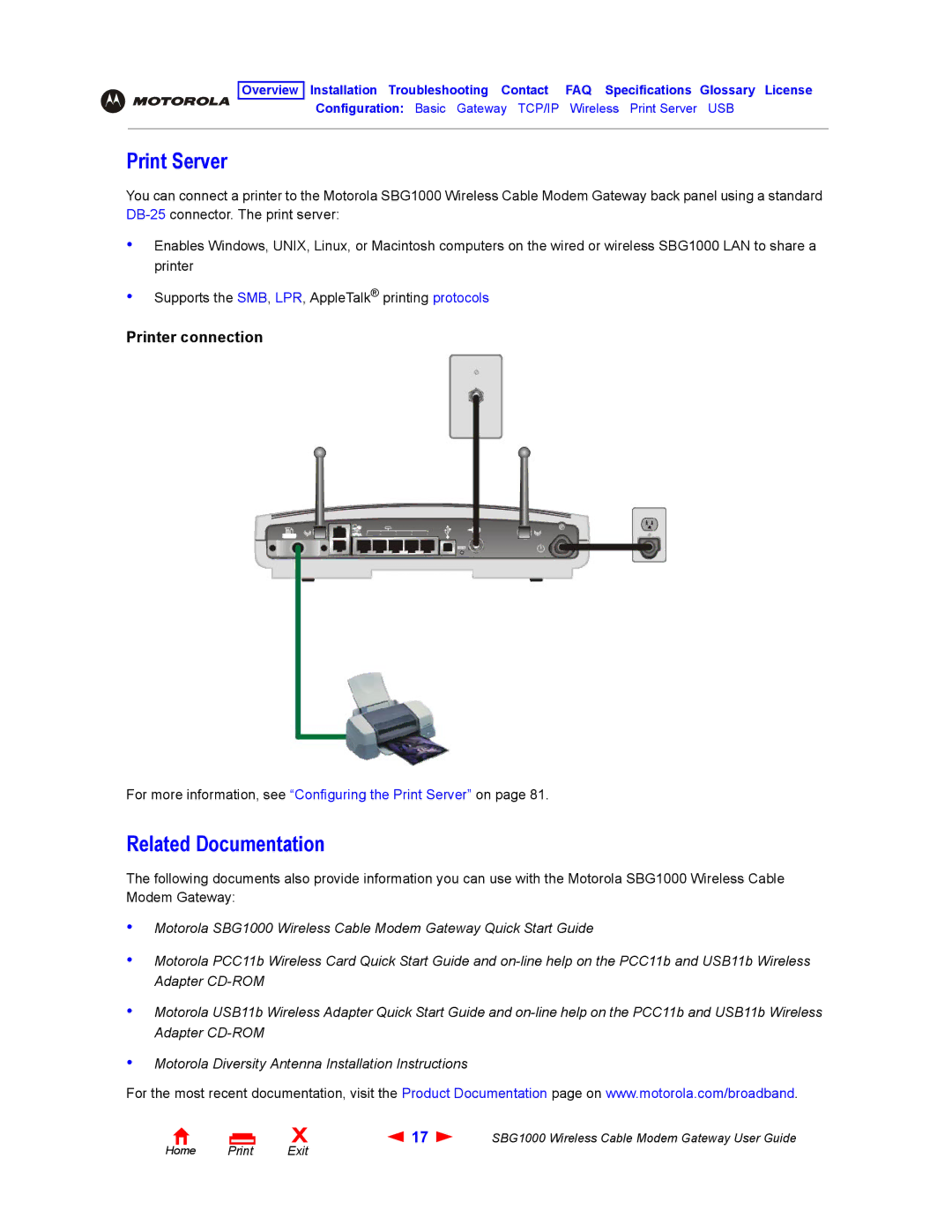 Iomega SBG1000 manual Print Server, Related Documentation 