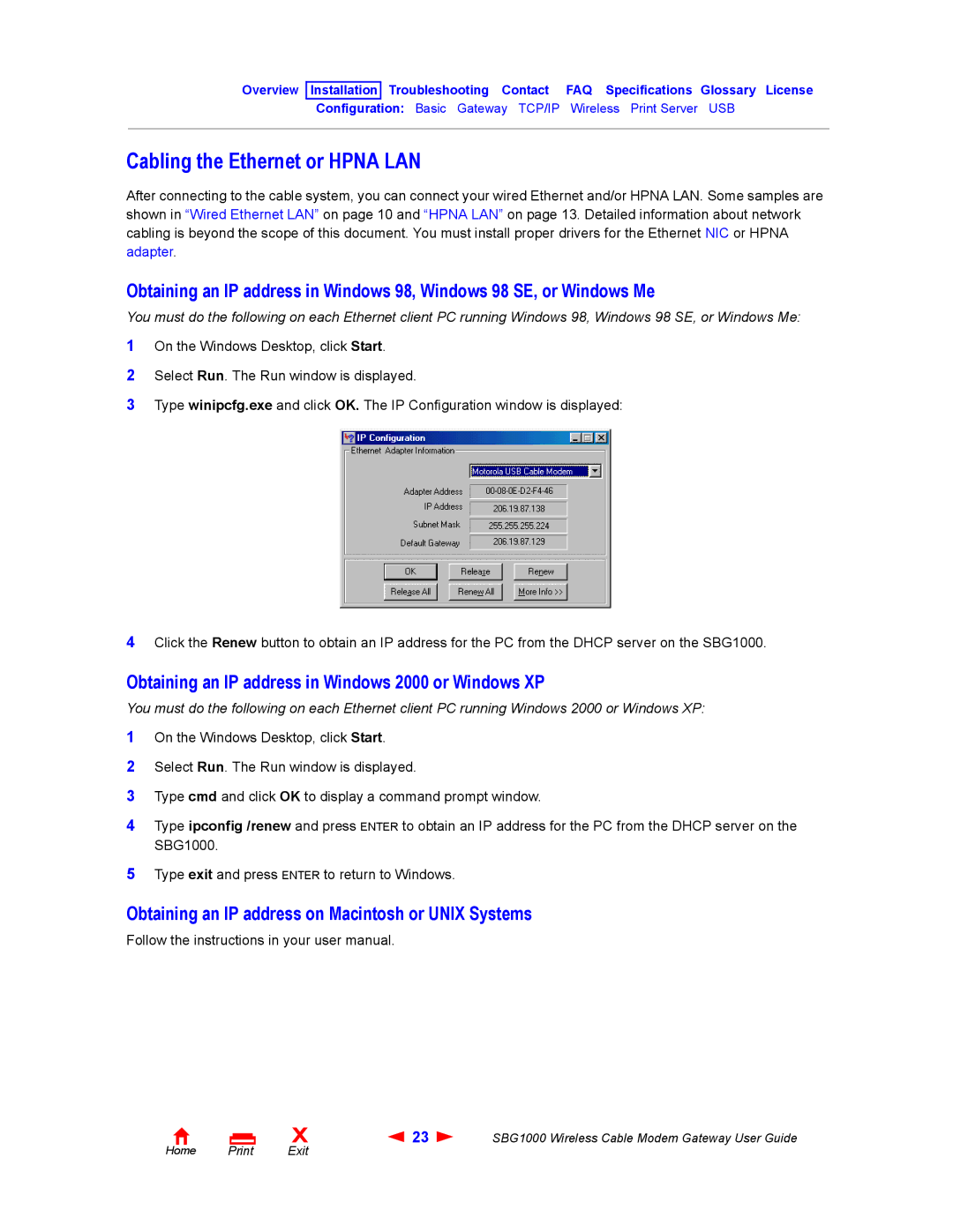 Iomega SBG1000 manual Cabling the Ethernet or Hpna LAN, Obtaining an IP address in Windows 2000 or Windows XP 