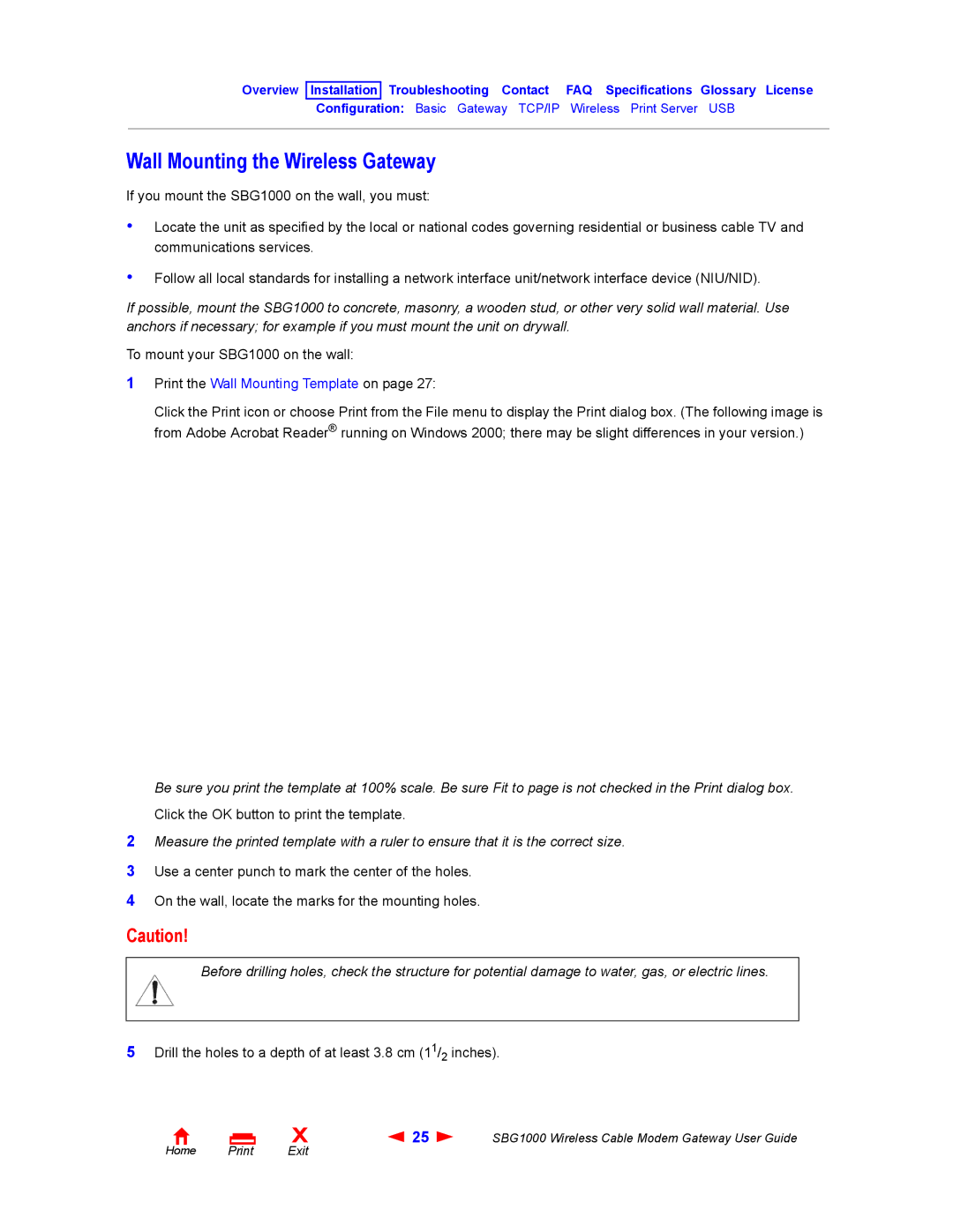 Iomega SBG1000 manual Wall Mounting the Wireless Gateway, Print the Wall Mounting Template on 