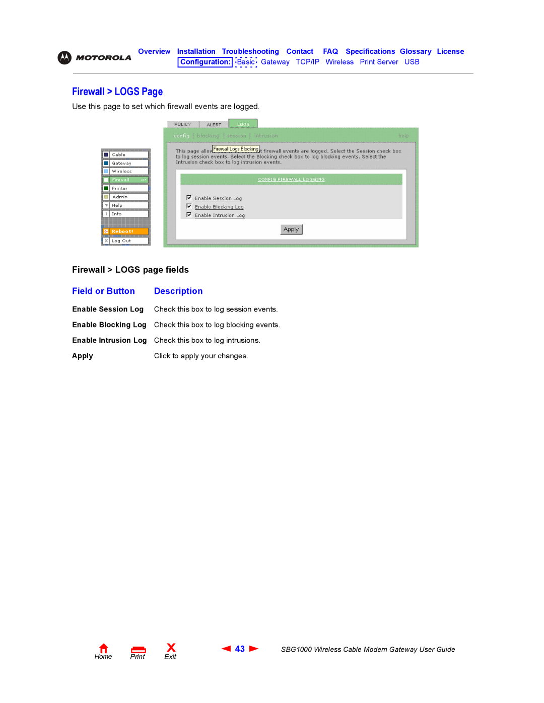 Iomega SBG1000 manual Firewall Logs 