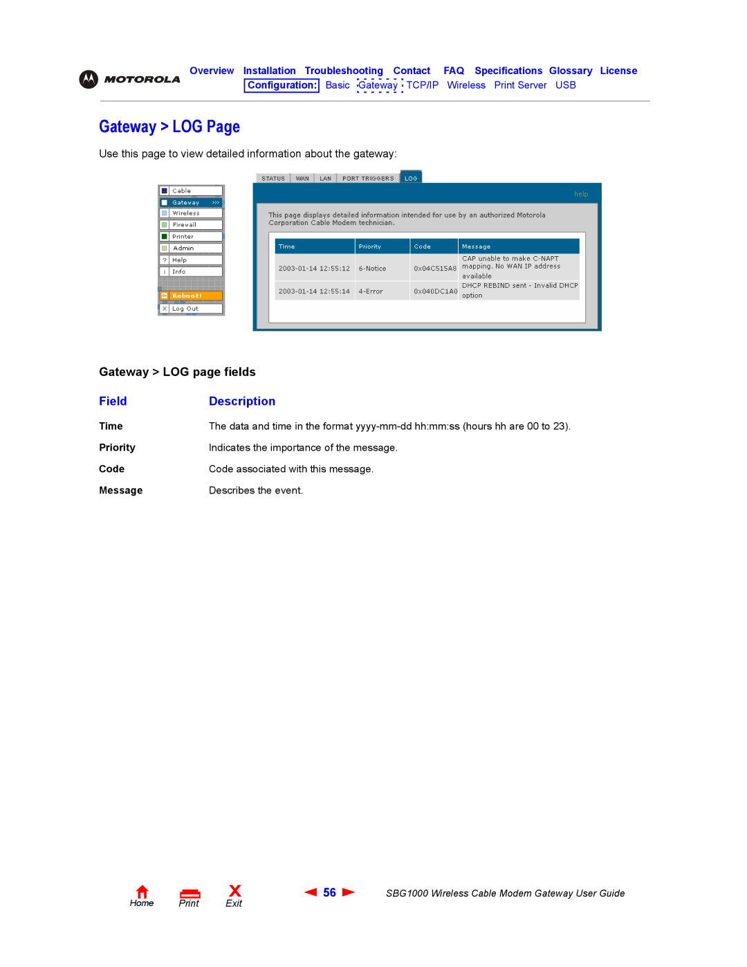 Iomega SBG1000 manual Gateway LOG, Priority, Code, Message 