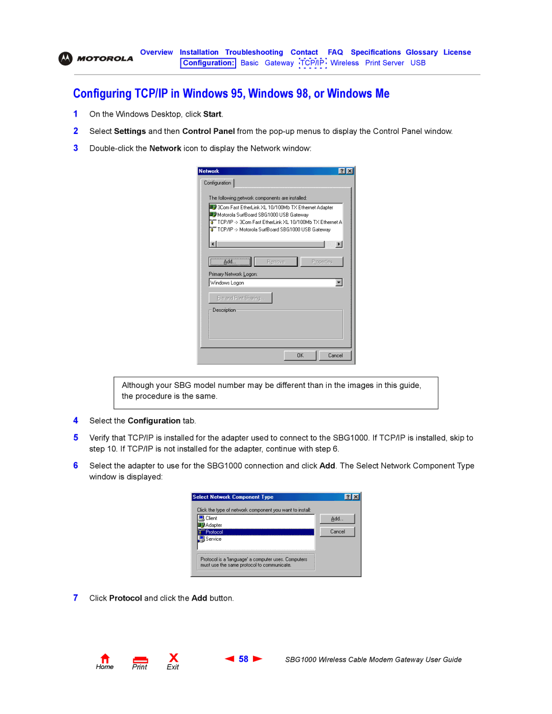 Iomega SBG1000 manual Configuring TCP/IP in Windows 95, Windows 98, or Windows Me 