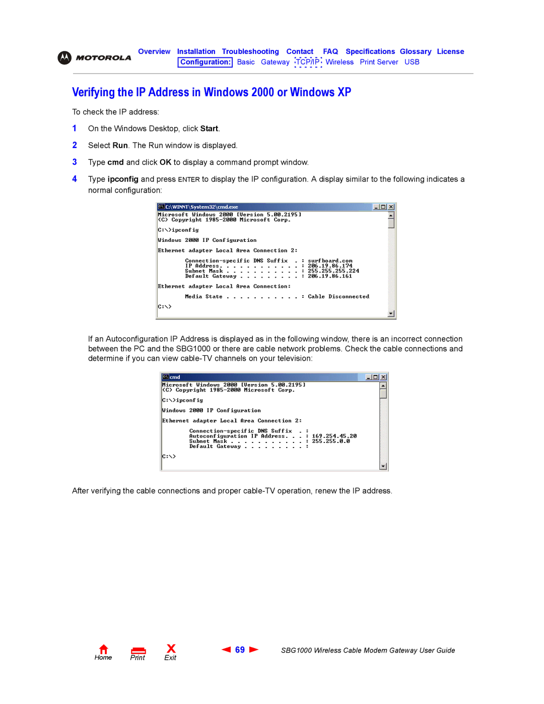 Iomega SBG1000 manual Verifying the IP Address in Windows 2000 or Windows XP 